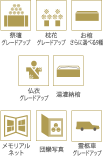 祭壇グレードアップ、枕花グレードアップ、お棺さらに選べる9種、仏衣グレードアップ、湯灌納棺、メモリアルネット、団欒写真、霊柩車グレードアップ