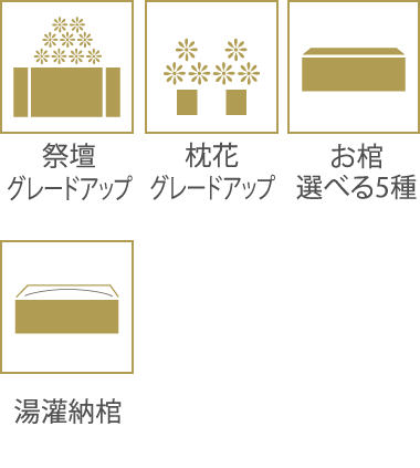 祭壇グレードアップ、枕花グレードアップ、お棺選べる5種、湯灌納棺