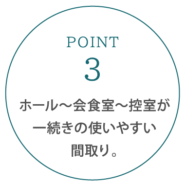 ホール、会食室、控室が一続きの使いやすい間取り